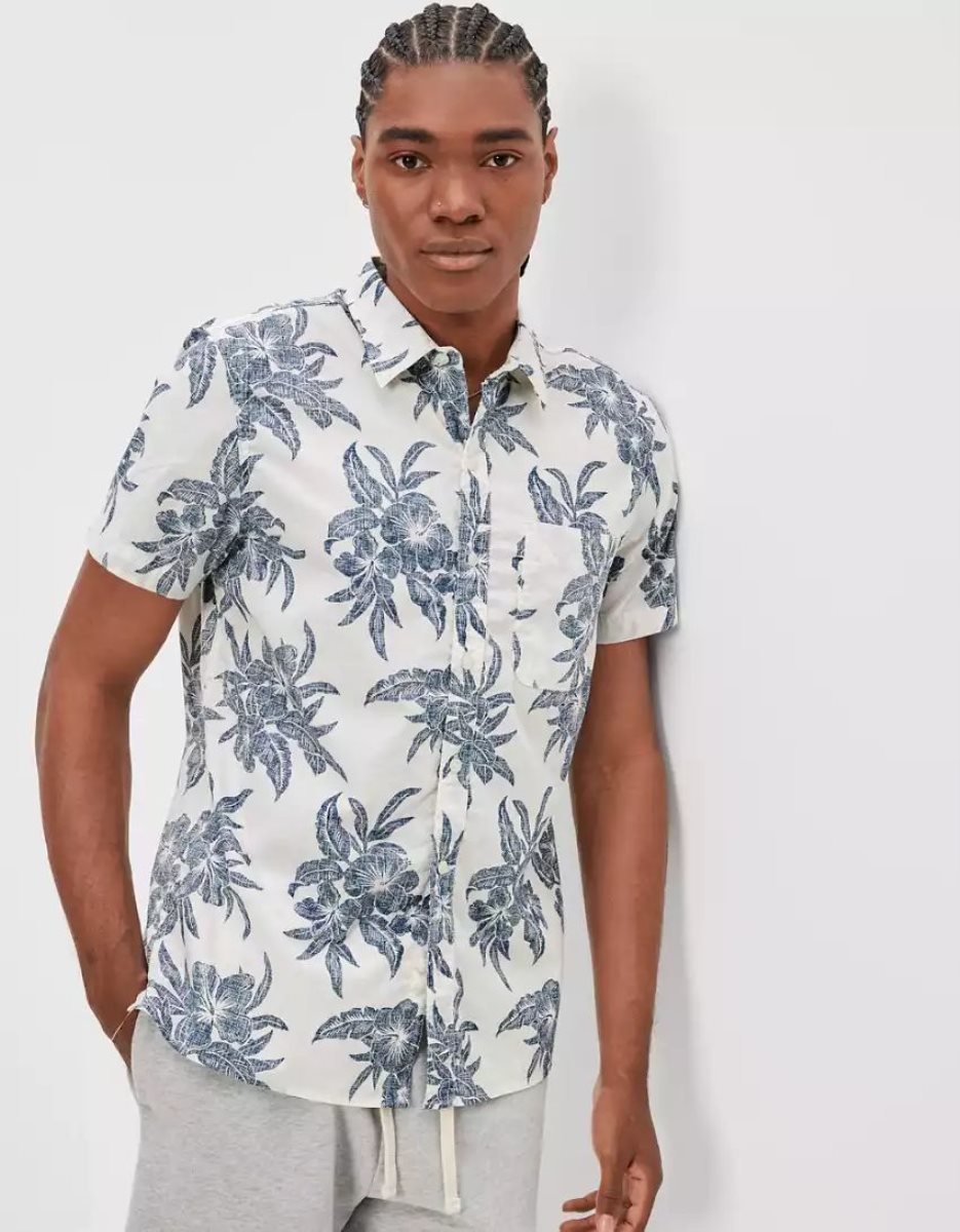 Hauts Flanelle American Eagle AE Tropical Button-Up Resort Shirt Blanche Homme | QJV-57495908